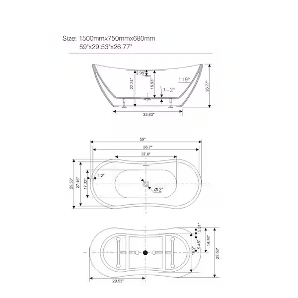 59" x 29.5" Modern Freestanding Acrylic Soaking Tub-VA6517-S