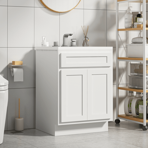 HomeBeyond 24-inch white bathroom vanity cabinet with single-hole faucet and white sink top, angled room view