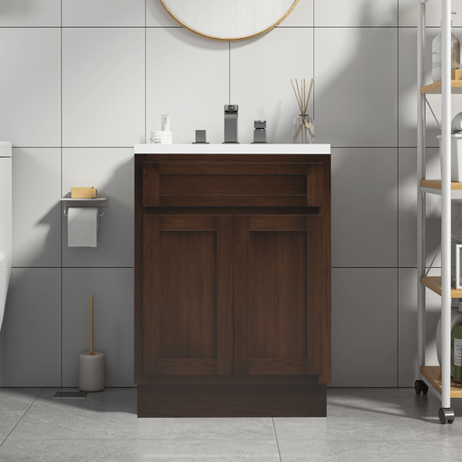 HomeBeyond 24-inch dark walnut bathroom vanity cabinet with double shaker doors and white countertop, front room view