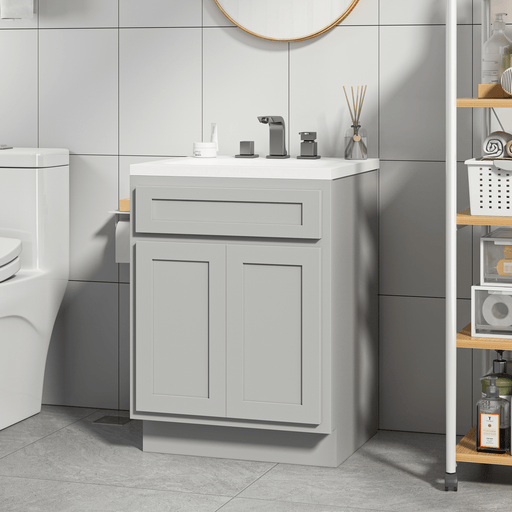 HomeBeyond 24-inch light gray bathroom vanity cabinet with wide-spread faucet and white sink top, side room angle