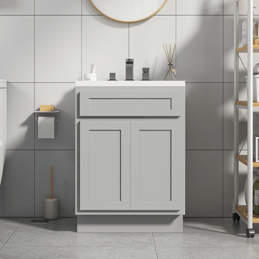 HomeBeyond 24-inch light gray bathroom vanity cabinet with double shaker doors and white countertop, front room view