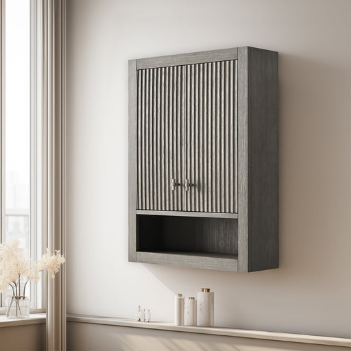24x8x33 gray oak bathroom wall cabinet with chrome handles, angled room view near window