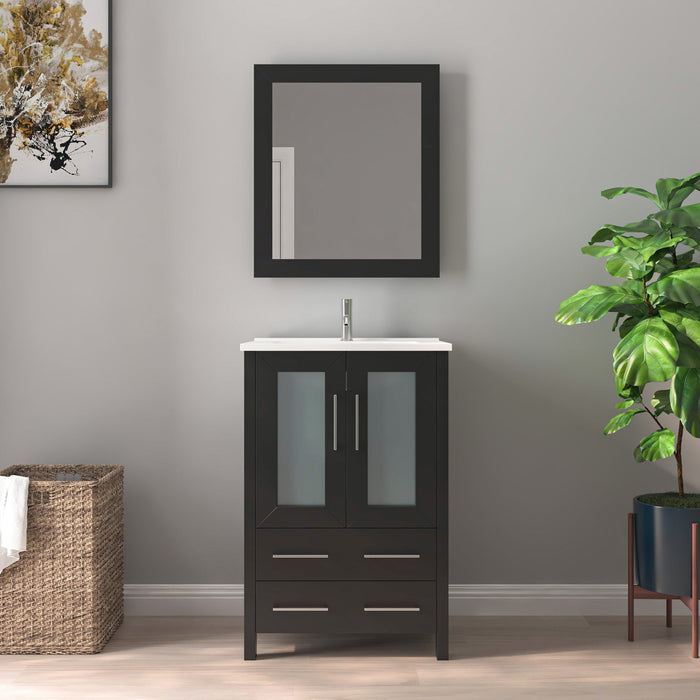 24" Single Sink Modern Bathroom Vanity Set with Ceramic Top & Free Mirror – Storage Cabinet with Folding Doors VA3024 - HomeBeyond