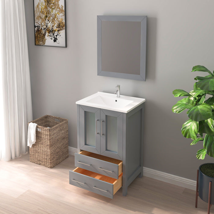 24" Single Sink Modern Bathroom Vanity Set with Ceramic Top & Free Mirror – Storage Cabinet with Folding Doors VA3024 - HomeBeyond