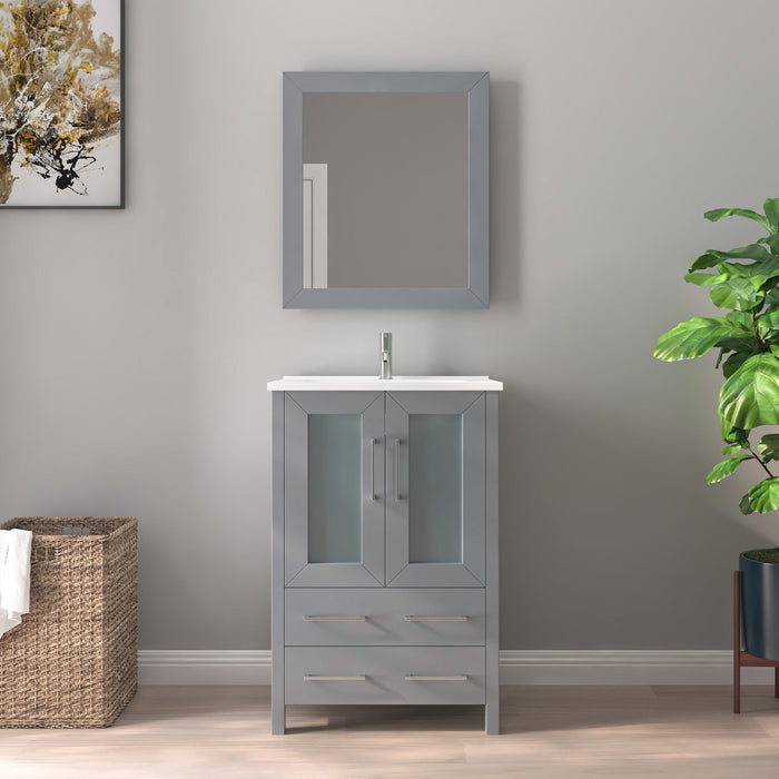 24" Single Sink Modern Bathroom Vanity Set with Ceramic Top & Free Mirror – Storage Cabinet with Folding Doors VA3024 - HomeBeyond