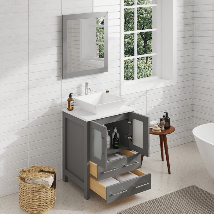 24" Single Sink Modern Bathroom Vanity Set with White Engineered Marble Top & Free Mirror – Small Storage Cabinet with 2 Drawers VA3124 - HomeBeyond