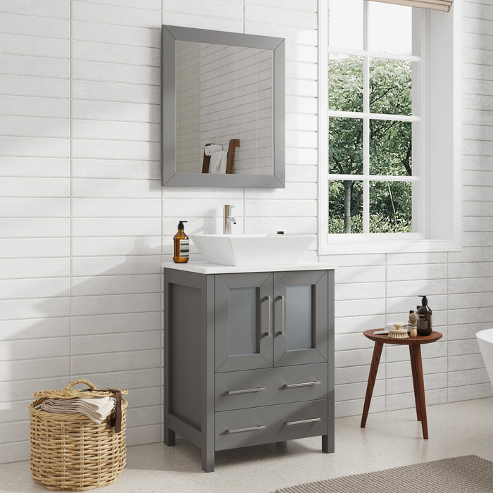 24" Single Sink Modern Bathroom Vanity Set with White Engineered Marble Top & Free Mirror – Small Storage Cabinet with 2 Drawers VA3124 - HomeBeyond