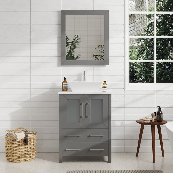 24" Single Sink Modern Bathroom Vanity Set with White Engineered Marble Top & Free Mirror – Small Storage Cabinet with 2 Drawers VA3124 - HomeBeyond