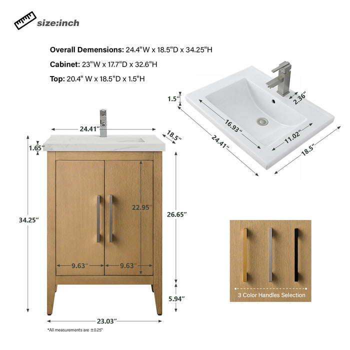 24" Single Sink Modern Freestanding Bathroom Vanity Set with Arabescato White Engineered Marble Top – Storage Cabinet with Soft-Closing Doors VA9024 - HomeBeyond