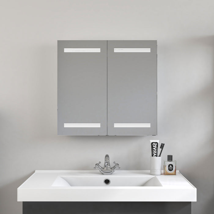 26" x 25" Frameless LED Lighted Bathroom Vanity Wall Mirror with Wooden Medicine Cabinet - HomeBeyond