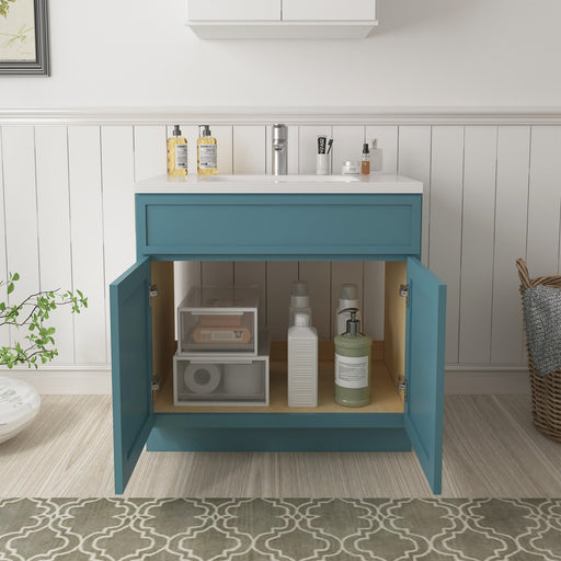 Teal 30-inch single sink vanity base cabinet front view with both doors open showing interior shelf and storage items