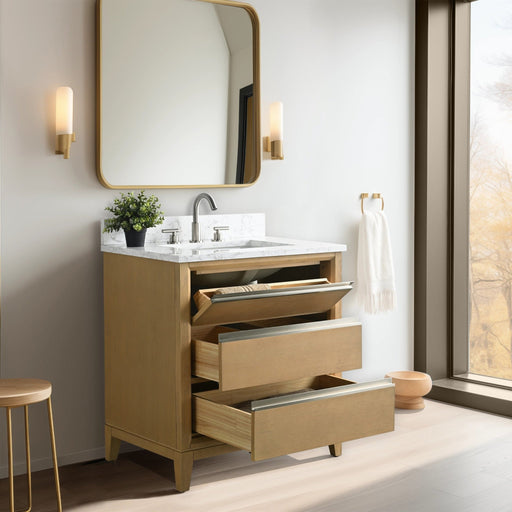30 inch light oak bathroom vanity with three open drawers in bright modern bathroom setting