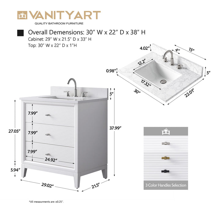 30" Single Sink Freestanding Bath Vanity Cabinet with White Engineered Marble Top - HomeBeyond