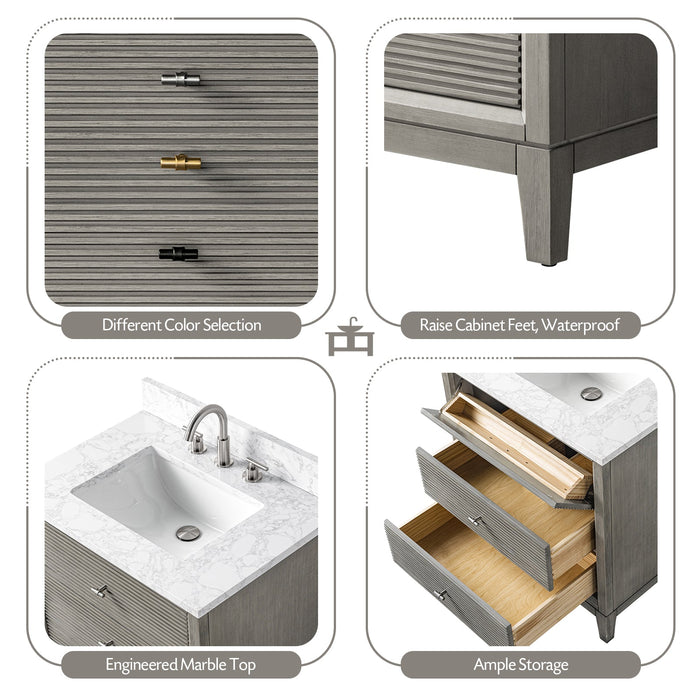 30" Single Sink Freestanding Bath Vanity Cabinet with White Engineered Marble Top - HomeBeyond