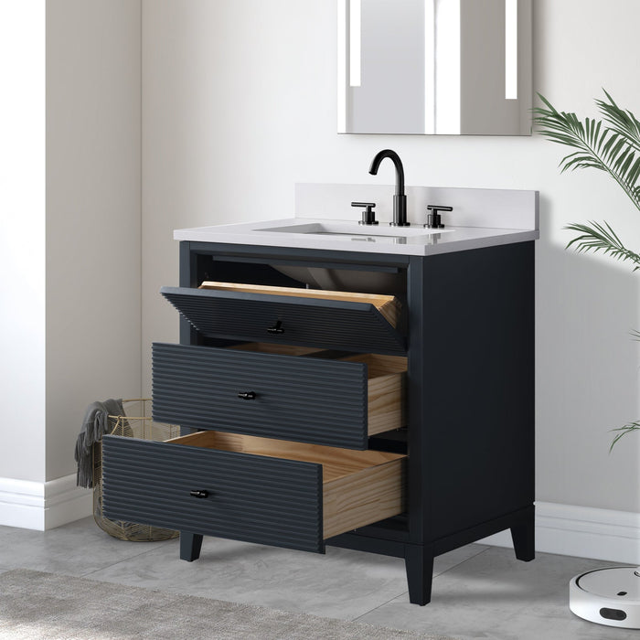 30" Single Sink Freestanding Bath Vanity Cabinet with White Engineered Marble Top - HomeBeyond