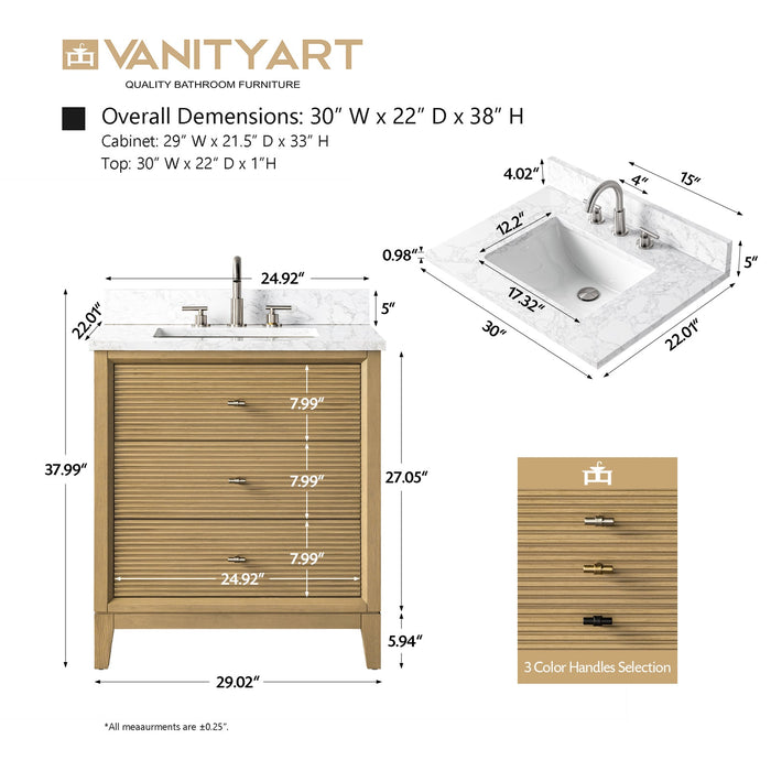 30" Single Sink Freestanding Bath Vanity Cabinet with White Engineered Marble Top - HomeBeyond