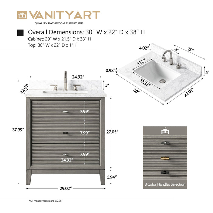 30" Single Sink Freestanding Bath Vanity Cabinet with White Engineered Marble Top - HomeBeyond