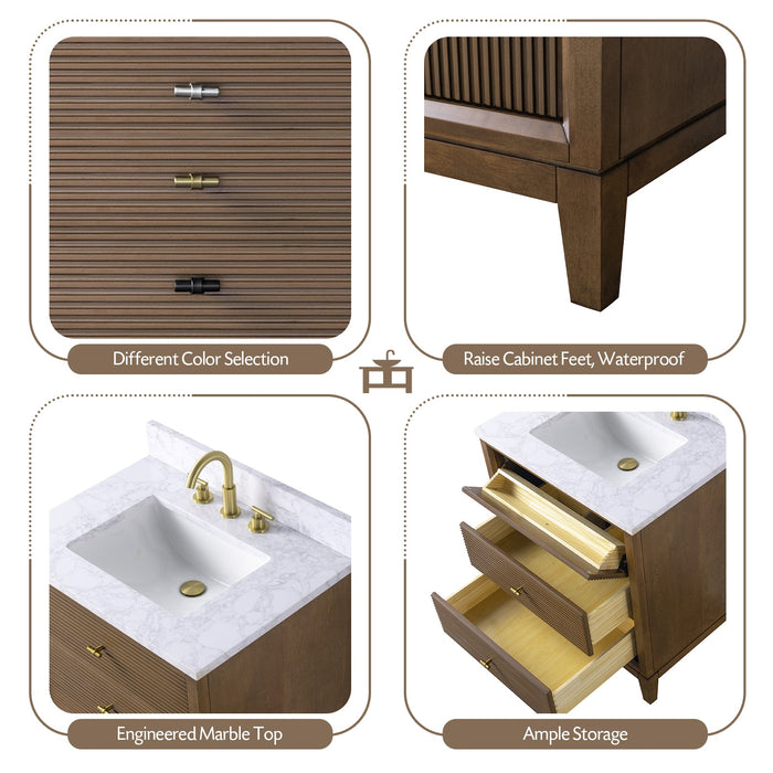 30" Single Sink Freestanding Bath Vanity Cabinet with White Engineered Marble Top - HomeBeyond