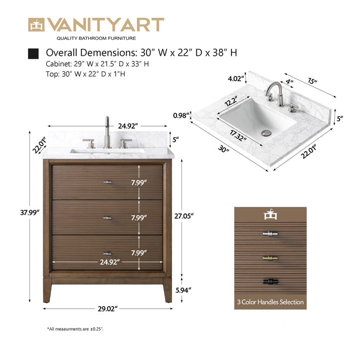 30" Single Sink Freestanding Bath Vanity Cabinet with White Engineered Marble Top - HomeBeyond