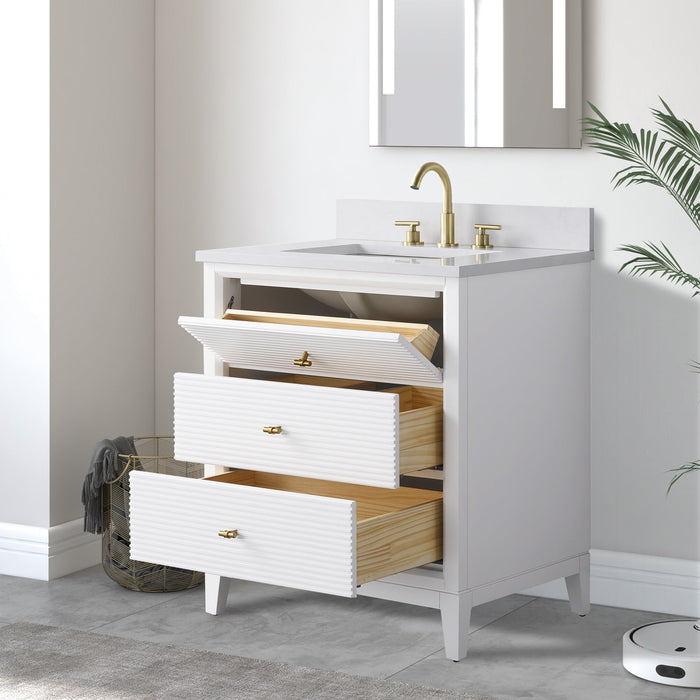 30" Single Sink Freestanding Bath Vanity Cabinet with White Engineered Marble Top - HomeBeyond