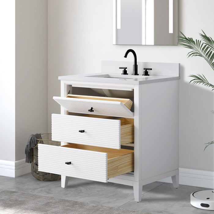 30" Single Sink Freestanding Bath Vanity Cabinet with White Engineered Marble Top - HomeBeyond