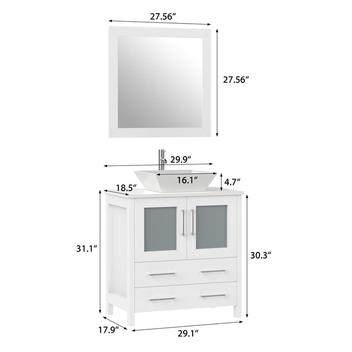 30" Single Sink Modern Bathroom Vanity Set with Engineered Marble Top & Free Mirror – Small Storage Cabinet with 2 Drawers VA3130 - HomeBeyond