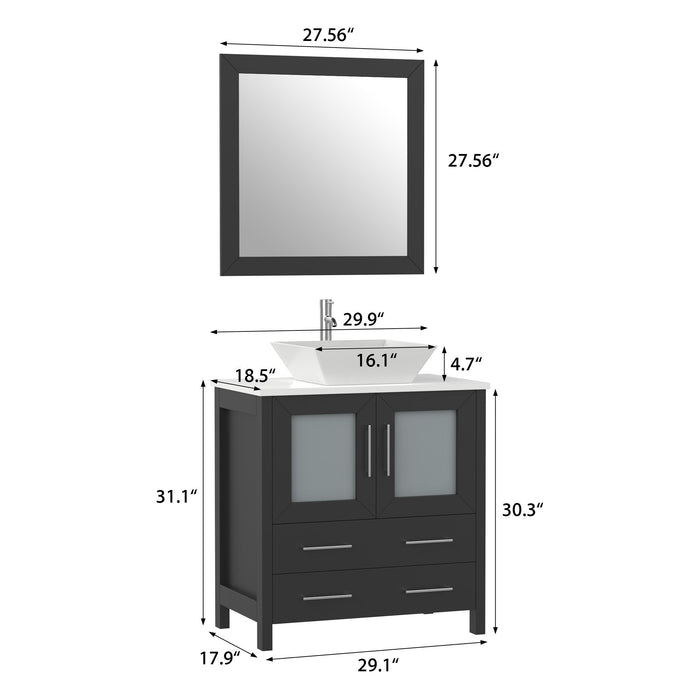 30" Single Sink Modern Bathroom Vanity Set with Engineered Marble Top & Free Mirror – Small Storage Cabinet with 2 Drawers VA3130 - HomeBeyond