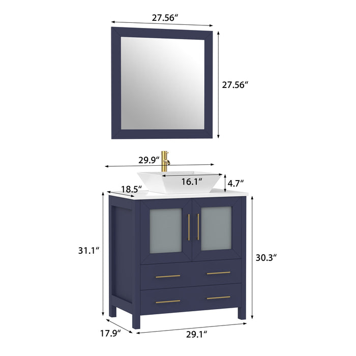 30" Single Sink Modern Bathroom Vanity Set with Engineered Marble Top & Free Mirror – Small Storage Cabinet with 2 Drawers VA3130 - HomeBeyond