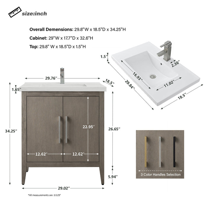 30" Single Sink Modern Freestanding Bathroom Vanity Set with Arabescato White Engineered Marble Top – Storage Cabinet with Soft-Closing Doors VA9030 - HomeBeyond