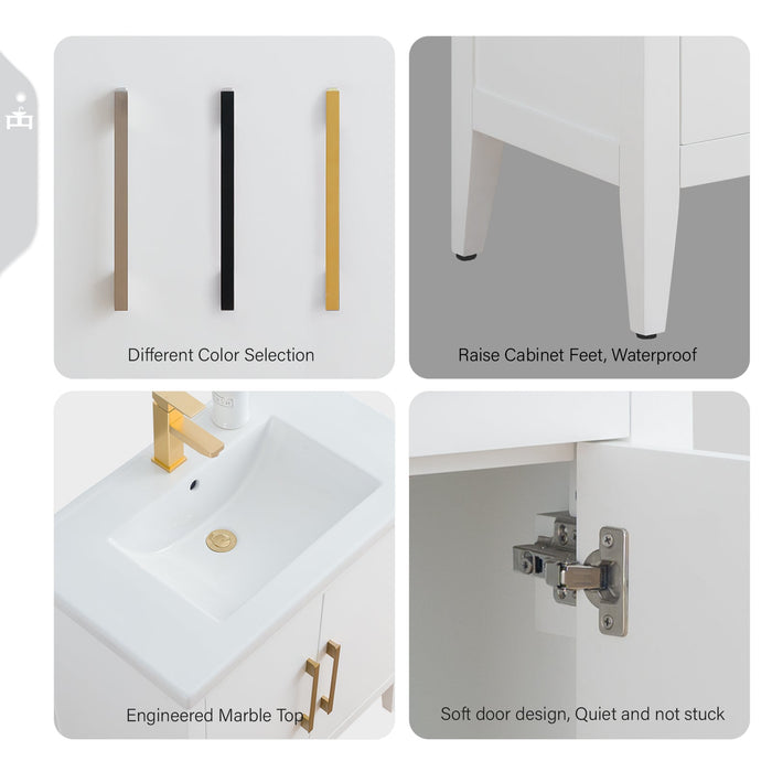 30" Single Sink Modern Freestanding Bathroom Vanity Set with Arabescato White Engineered Marble Top – Storage Cabinet with Soft-Closing Doors VA9030 - HomeBeyond