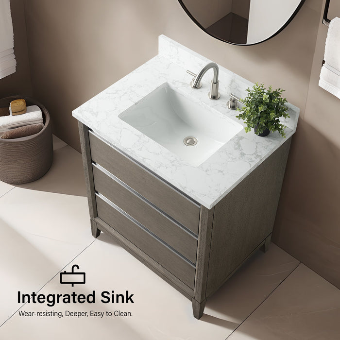 30" Single Sink Modern Freestanding Solid Wood Bathroom Vanity Set with Ariston White Engineered Marble Top – Storage Cabinet with Soft-Closing Drawers VA8030 - HomeBeyond
