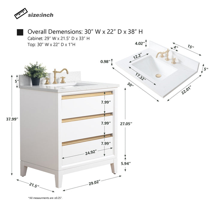 30" Single Sink Modern Freestanding Solid Wood Bathroom Vanity Set with Ariston White Engineered Marble Top – Storage Cabinet with Soft-Closing Drawers VA8030 - HomeBeyond