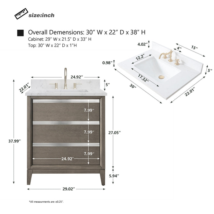 30" Single Sink Modern Freestanding Solid Wood Bathroom Vanity Set with Ariston White Engineered Marble Top – Storage Cabinet with Soft-Closing Drawers VA8030 - HomeBeyond