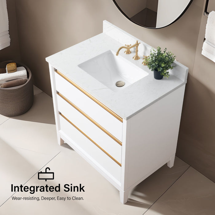 30" Single Sink Modern Freestanding Solid Wood Bathroom Vanity Set with Ariston White Engineered Marble Top – Storage Cabinet with Soft-Closing Drawers VA8030 - HomeBeyond