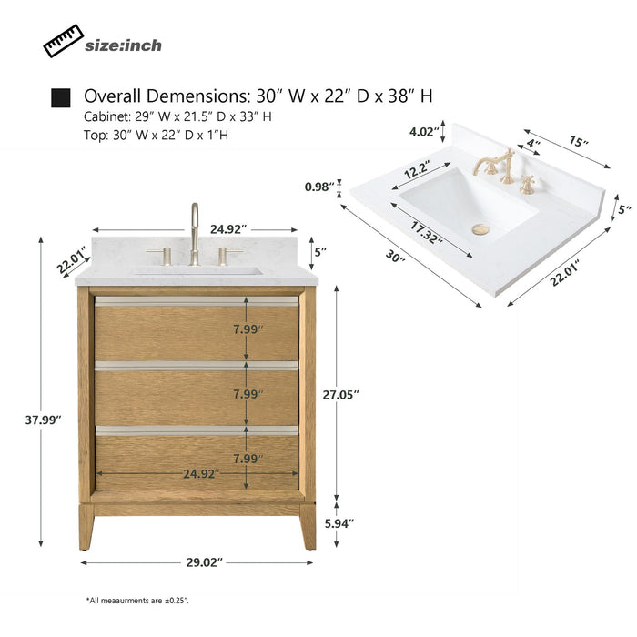 30" Single Sink Modern Freestanding Solid Wood Bathroom Vanity Set with Ariston White Engineered Marble Top – Storage Cabinet with Soft-Closing Drawers VA8030 - HomeBeyond