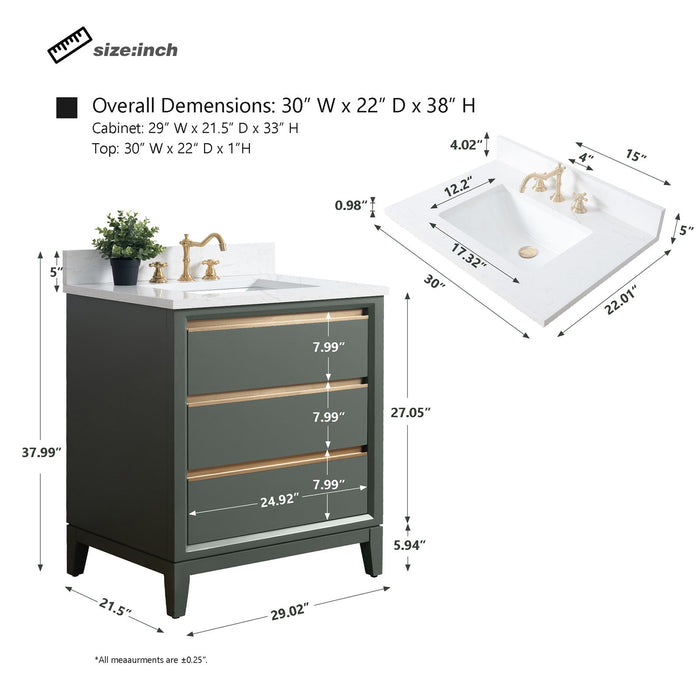 30" Single Sink Modern Freestanding Solid Wood Bathroom Vanity Set with Ariston White Engineered Marble Top – Storage Cabinet with Soft-Closing Drawers VA8030 - HomeBeyond
