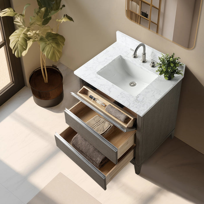 30" Single Sink Modern Freestanding Solid Wood Bathroom Vanity Set with Ariston White Engineered Marble Top – Storage Cabinet with Soft-Closing Drawers VA8030 - HomeBeyond