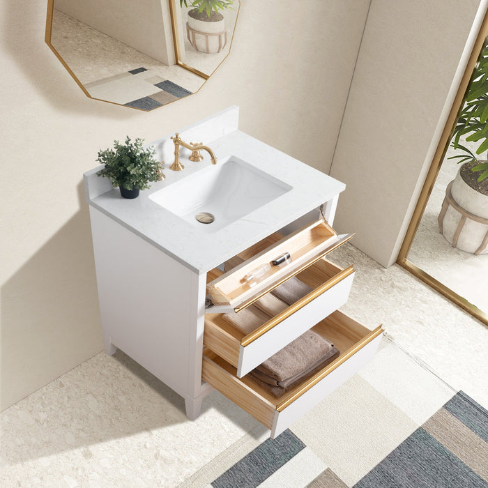30" Single Sink Modern Freestanding Solid Wood Bathroom Vanity Set with Ariston White Engineered Marble Top – Storage Cabinet with Soft-Closing Drawers VA8030 - HomeBeyond