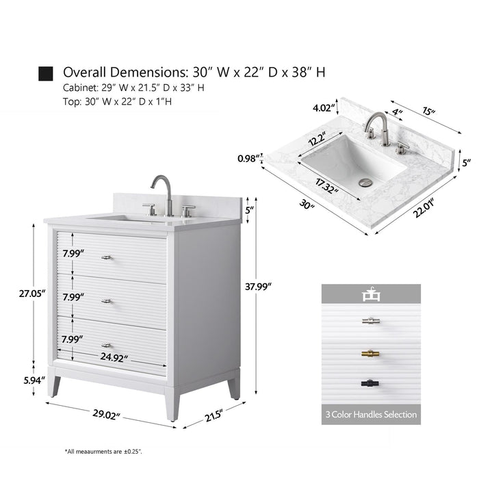 30" Single Sink Modern Freestanding Solid Wood Bathroom Vanity Set with White Engineered Marble Top – Storage Cabinet with Soft-Closing Doors & Drawers VA8130 - HomeBeyond