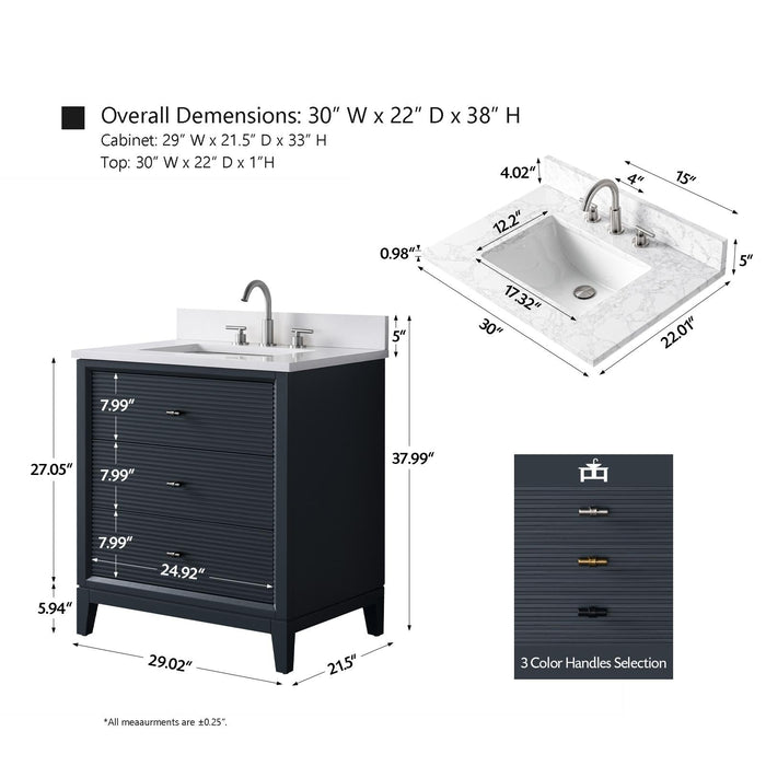 30" Single Sink Modern Freestanding Solid Wood Bathroom Vanity Set with White Engineered Marble Top – Storage Cabinet with Soft-Closing Doors & Drawers VA8130 - HomeBeyond