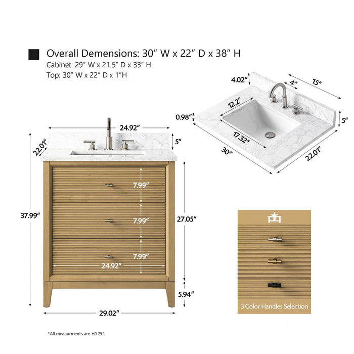 30" Single Sink Modern Freestanding Solid Wood Bathroom Vanity Set with White Engineered Marble Top – Storage Cabinet with Soft-Closing Doors & Drawers VA8130 - HomeBeyond