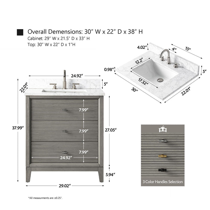 30" Single Sink Modern Freestanding Solid Wood Bathroom Vanity Set with White Engineered Marble Top – Storage Cabinet with Soft-Closing Doors & Drawers VA8130 - HomeBeyond