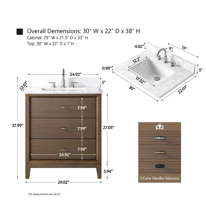 30" Single Sink Modern Freestanding Solid Wood Bathroom Vanity Set with White Engineered Marble Top – Storage Cabinet with Soft-Closing Doors & Drawers VA8130 - HomeBeyond