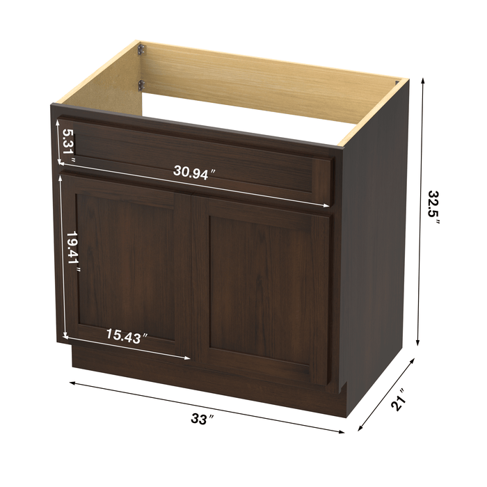 33" Modern Freestanding Oak Plywood Bathroom Vanity Base Only – Shaker Style Storage Cabinet with 2 Doors VA4033 - HomeBeyond