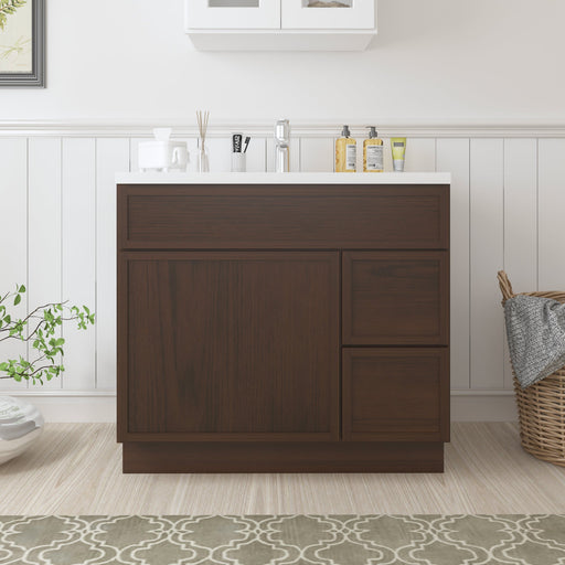 36-inch dark walnut bathroom vanity cabinet with white sink top, front view in styled bathroom setting