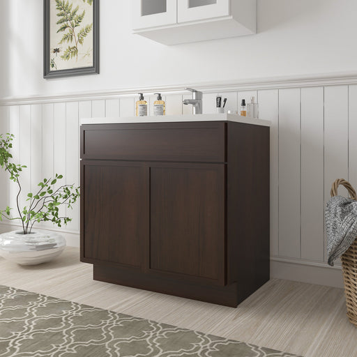 Dark espresso 36-inch bathroom vanity base cabinet two shaker doors angled view in bathroom setting with rug