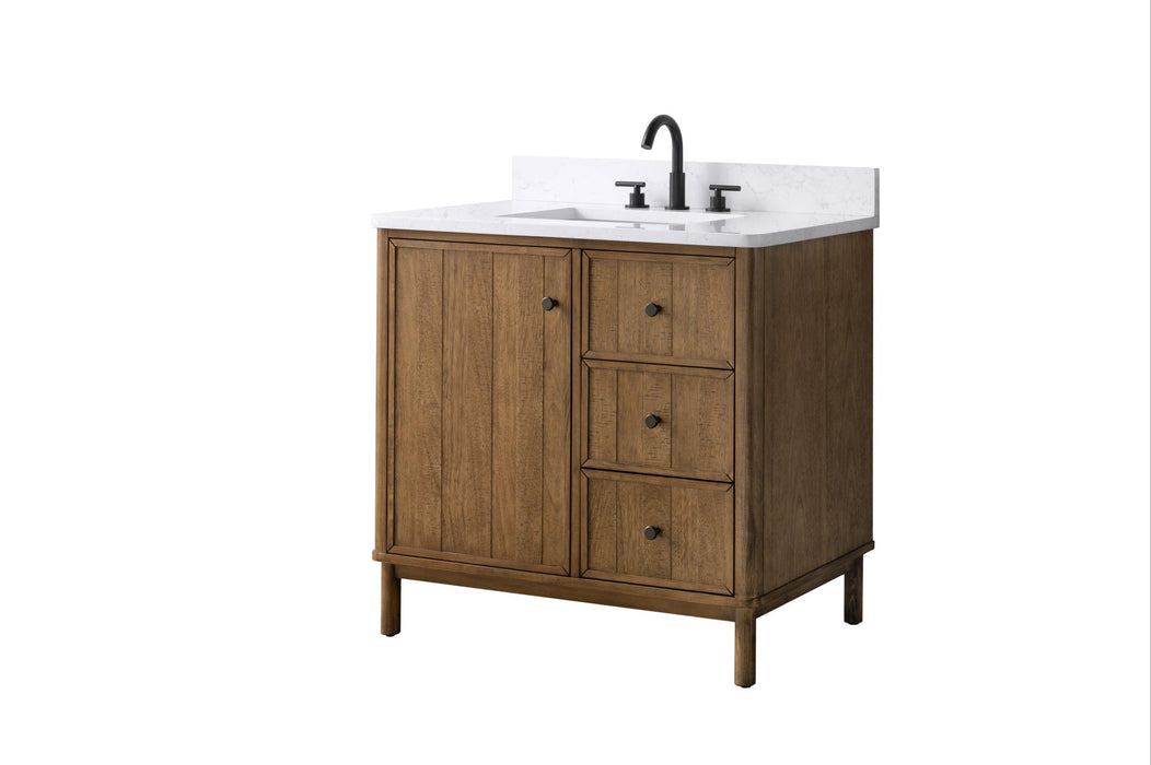 36" Freestanding Bathroom Vanity with Milano Mist Engineered Stone Countertop, Integrated Ceramic Sink, Hidden Power & USB Charging Station and Hair Dryer Storage - HomeBeyond