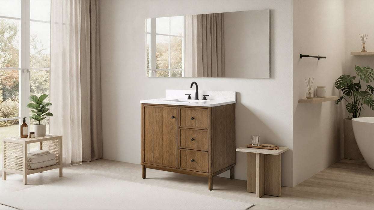 36" Freestanding Bathroom Vanity with Milano Mist Engineered Stone Countertop, Integrated Ceramic Sink, Hidden Power & USB Charging Station and Hair Dryer Storage - HomeBeyond