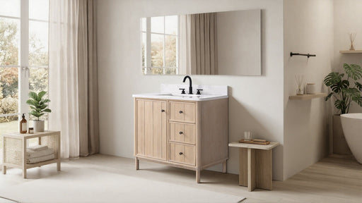 36" Freestanding Bathroom Vanity with Milano Mist Engineered Stone Countertop, Integrated Ceramic Sink, Hidden Power & USB Charging Station and Hair Dryer Storage - HomeBeyond