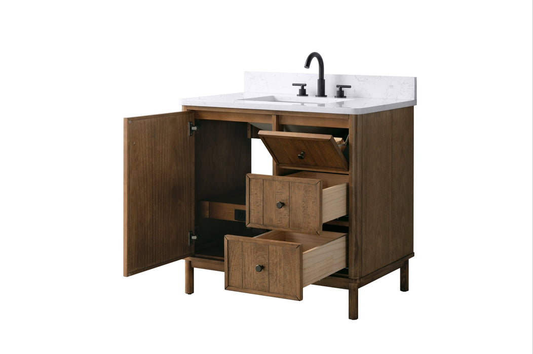 36" Freestanding Bathroom Vanity with Milano Mist Engineered Stone Countertop, Integrated Ceramic Sink, Hidden Power & USB Charging Station and Hair Dryer Storage - HomeBeyond